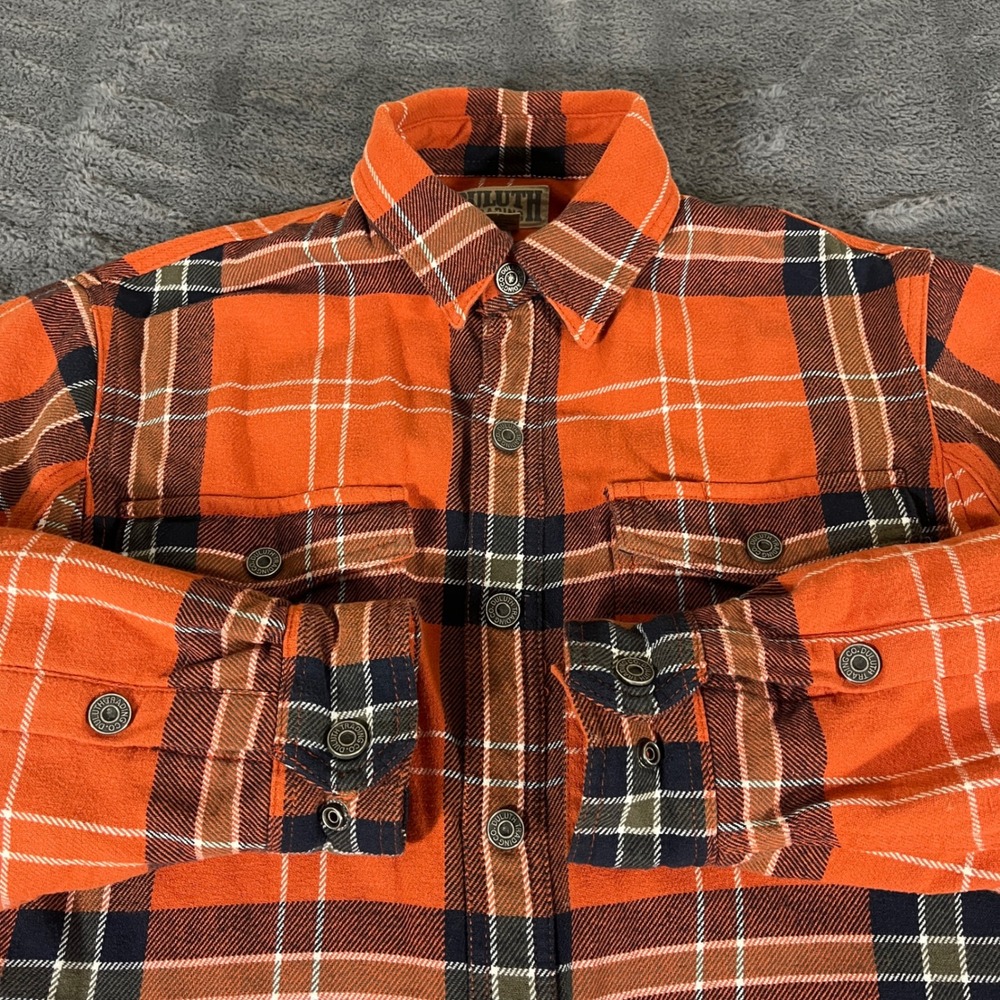 Duluth Trading Co Mens Orange Plaid Fleece Lined Flannel Shirt Small AN226